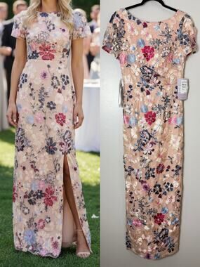 NWT JS COLLECTIONS DRESS GOWN WEDDING GUEST LONG MAXI FLORAL EMBROIDERED FORMAL